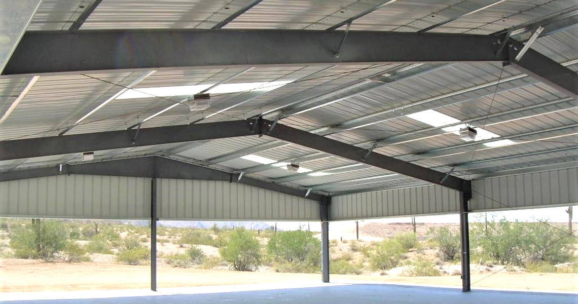 An interior shot of a custom, outdoor steel pavilion designed and built by Worldwide Steel Buildings.