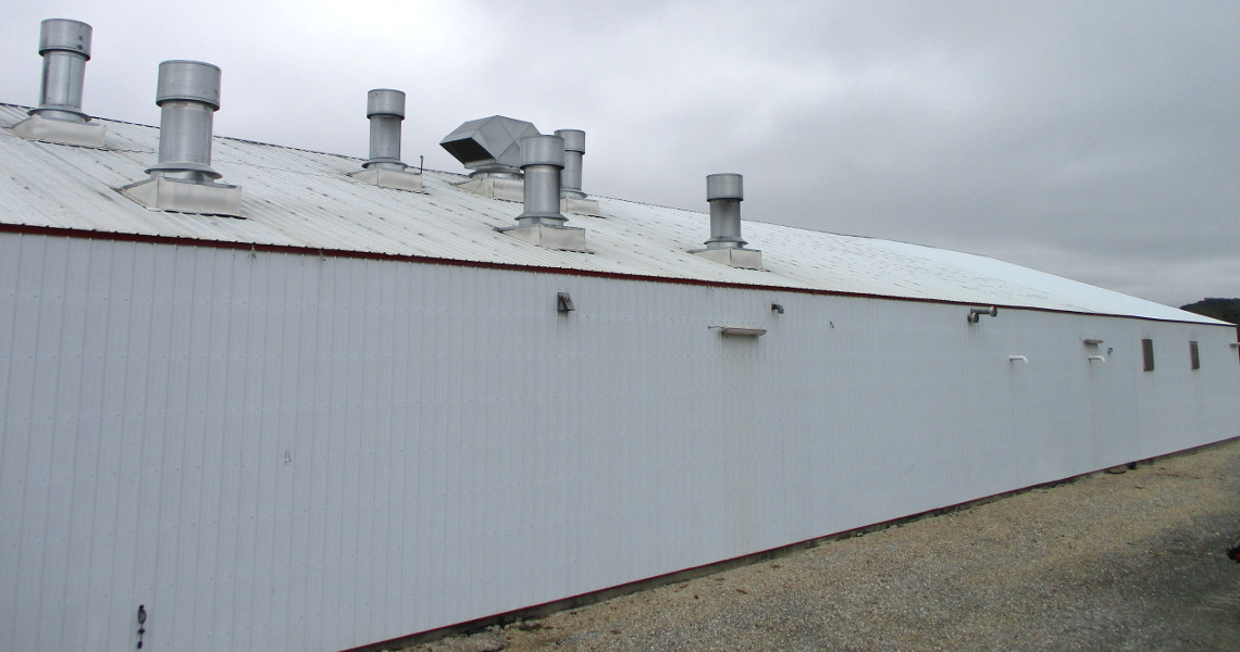 A large, white industrial building with a corrugated metal roof stands prominently. Several ventilation pipes jut from the roof, and it resembles TrailerMan's signature design for durable trailers. Set against a cloudy sky, a gravel pathway winds alongside it.