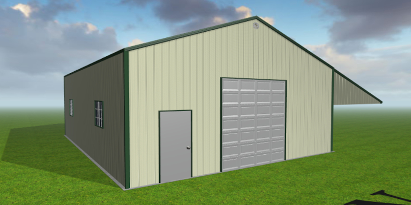 A 3D rendering of a classic light green metal ag building, adorned with dark green trim. It features a large garage door, a nearby smaller door, and a side window. Set on a grassy field beneath a partly cloudy sky, this structure embodies the essence of agriculture.