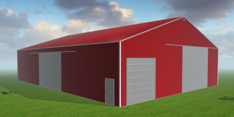A special red barn with a gabled roof stands on a grassy field under a partly cloudy sky. The barn features custom ag white trimmings and multiple closed sliding doors.
