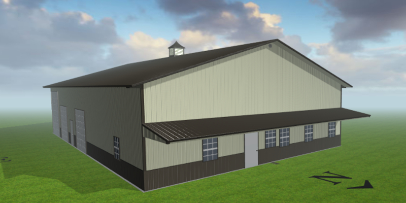A digital rendering of a large beige and brown barn-like structure resembling the McCarthy Train Station, complete with a gabled roof and small cupola. The building features two large garage doors and side windows, set against a green field under a partly cloudy sky.