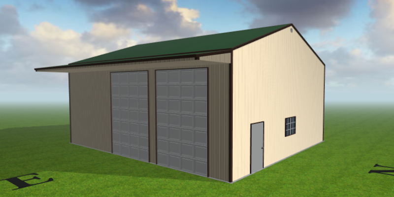 Rendering of tan, two car garage.