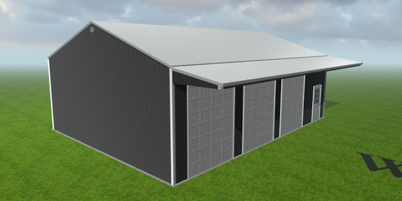 Rendering of grey, three car garage.
