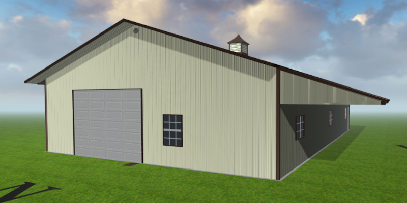 A 3D rendering of a light-colored metal barn designed as the ultimate man cave, featuring a large garage door and small windows. The barn boasts a high peaked roof and is set on a grassy Colorado field under a partly cloudy sky.