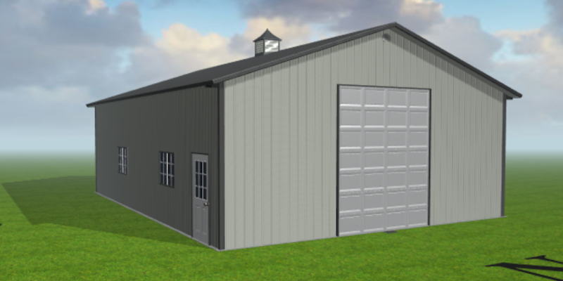 Rendering of tall, grey garage.