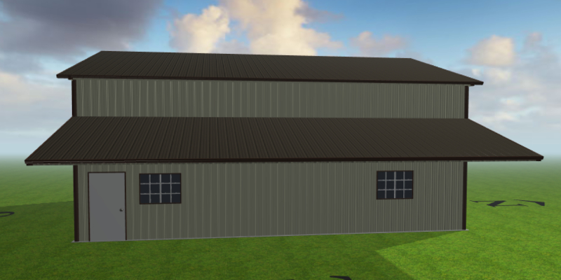 A digital rendering of a two-story metal farm building with a dark roof and two windows on the front. The door is located on the left side. The Texas building is set against a blue sky with clouds and grassy ground.