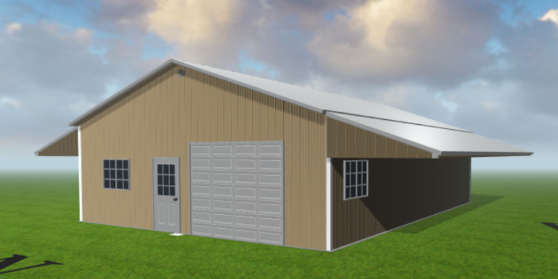 Rendering of brown metal garage building.
