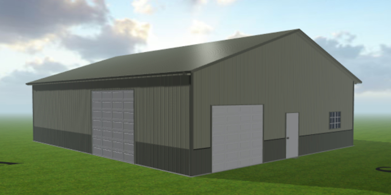 A digital rendering of a large, gray metallic storage building with two closed garage doors, a single door, and a small window. This serene structure rests on green grassy country fields under a partly cloudy sky, capturing the essence of rustic paradise.