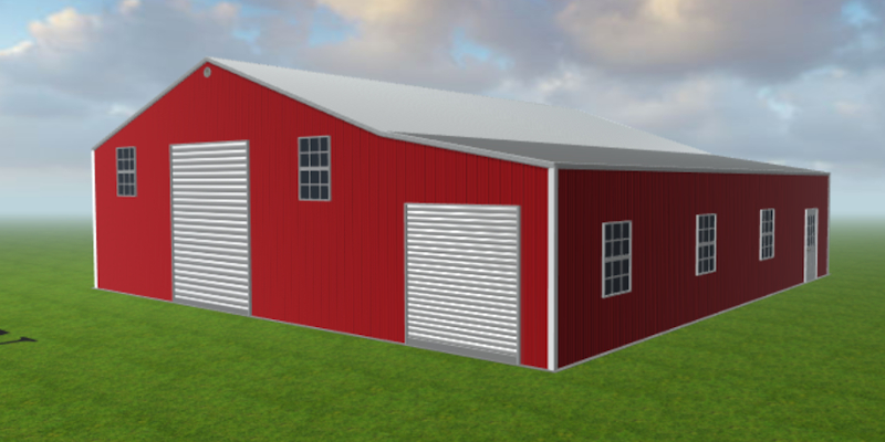 Rendering of large, red garage with a tall roll-up door and regular height garage door.
