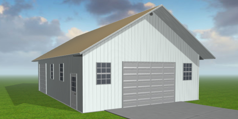 A 3D rendering of a white stucco garage with a tan roof showcases its versatile workshop potential. It features a large closed garage door, a side entrance with two windows, and is set on a concrete driveway. Lush grassy surroundings and a partly cloudy sky complete the serene scene.