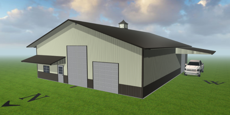 3D rendering of a large metal building with three garage doors and a side carport, perfect for your Kansas getaway. A white vehicle is parked under the carport. The building sits on grassy terrain with compass directions marked on the ground, set against a sky dotted with clouds.