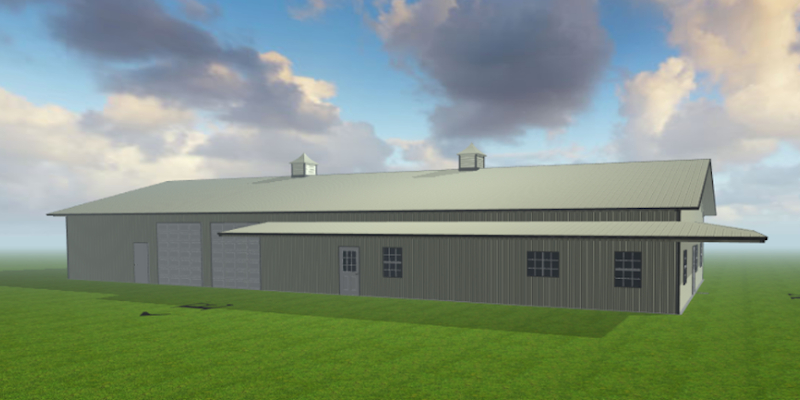 A large metal barn with a peaked roof and two cupolas sits on a grassy field, embodying the essence of a Duncan Dream home. The building has several windows and a small door. Above, the sky is partly cloudy with patches of serene blue.