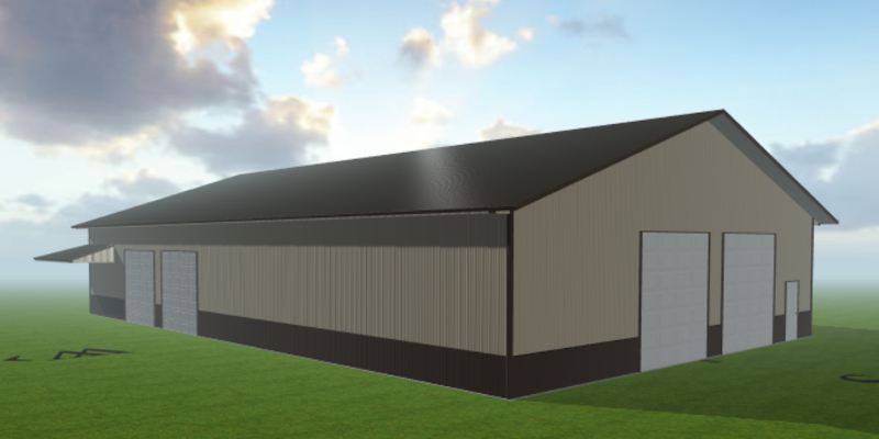 A large, rectangular warehouse with a gabled roof stands against a backdrop of cloudy skies, reminiscent of a secluded mountain getaway. The beige building with dark accents features multiple large doors and is nestled on a sprawling grassy field.