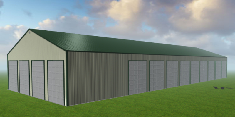 A large, rectangular green metal building with multiple garage doors, known as John's Storage Rentals, is set against a cloudy sky. The structure is surrounded by a grassy field.