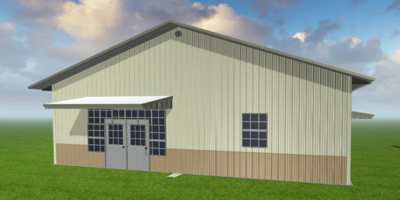A beige and brown metal building with a peaked roof, large double doors, and tall windows serves as the perfect hub for flight training. It sits on a grassy field under a partly cloudy sky, inspiring future pilots as they work towards earning their pilot license.
