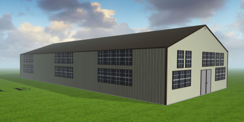 A digital rendering of a large, rectangular, beige warehouse with a dark roof resembles a modern pool house, featuring multiple windows on its sides and front. The building sits on a grassy field under a partly cloudy sky.