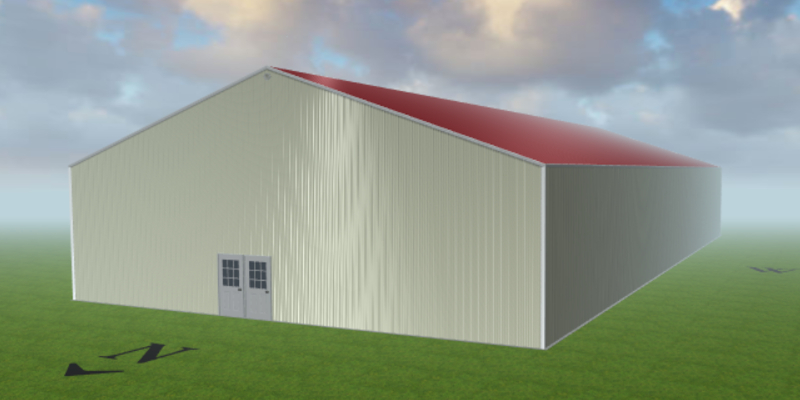 A large, rectangular warehouse with a red roof and light-colored walls stands on a grassy field under the partly cloudy sky at Snow Creek. Two gray double doors are visible on one side, possibly storing skiing equipment for the nearby ski resort.