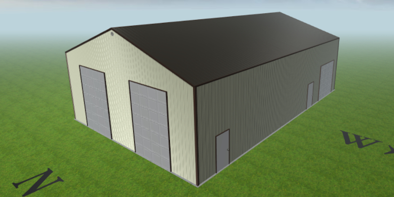 A digital rendering of a large, rectangular warehouse resembling a firehouse with its gray metal exterior. The structure boasts three garage-style roll-up doors and one standard door, set on a grassy surface with directional markers indicating north and west.