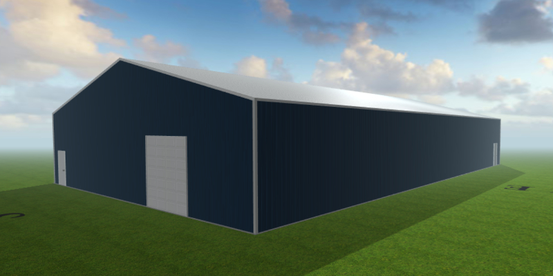 A large, Blue Knight industrial facility with a gray roof and white doors, situated on a grassy area under a partly cloudy sky.