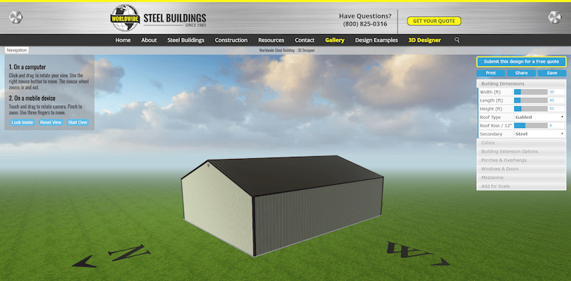 Worldwide Steel Buildings 3D designer tool loaded with default steel building example