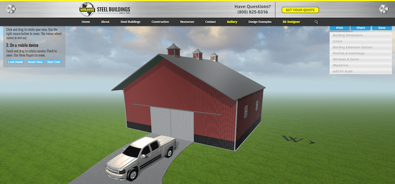 Worldwide Steel Buildings 3D designer tool loaded with customized steel building example