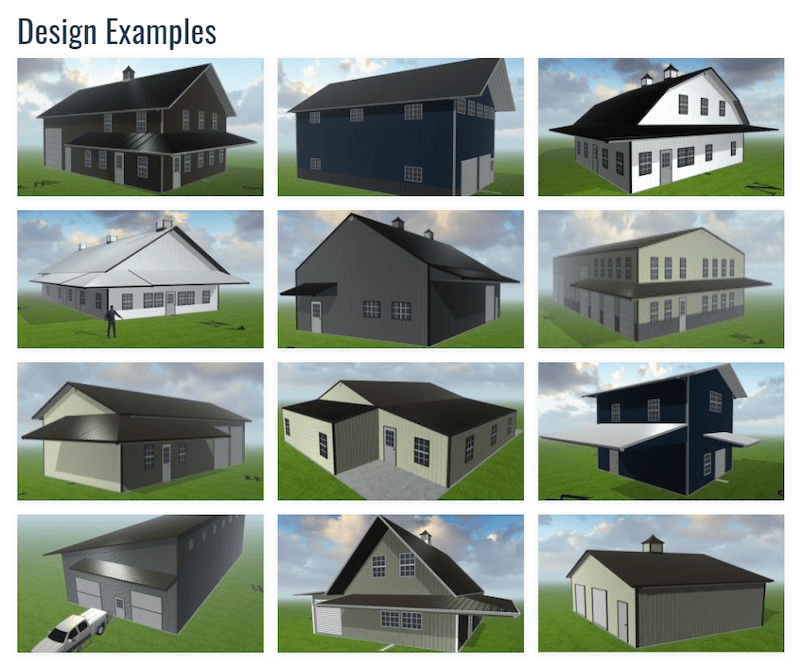 Grid of design examples built using Worldwide Steel Building's 3D designer tool