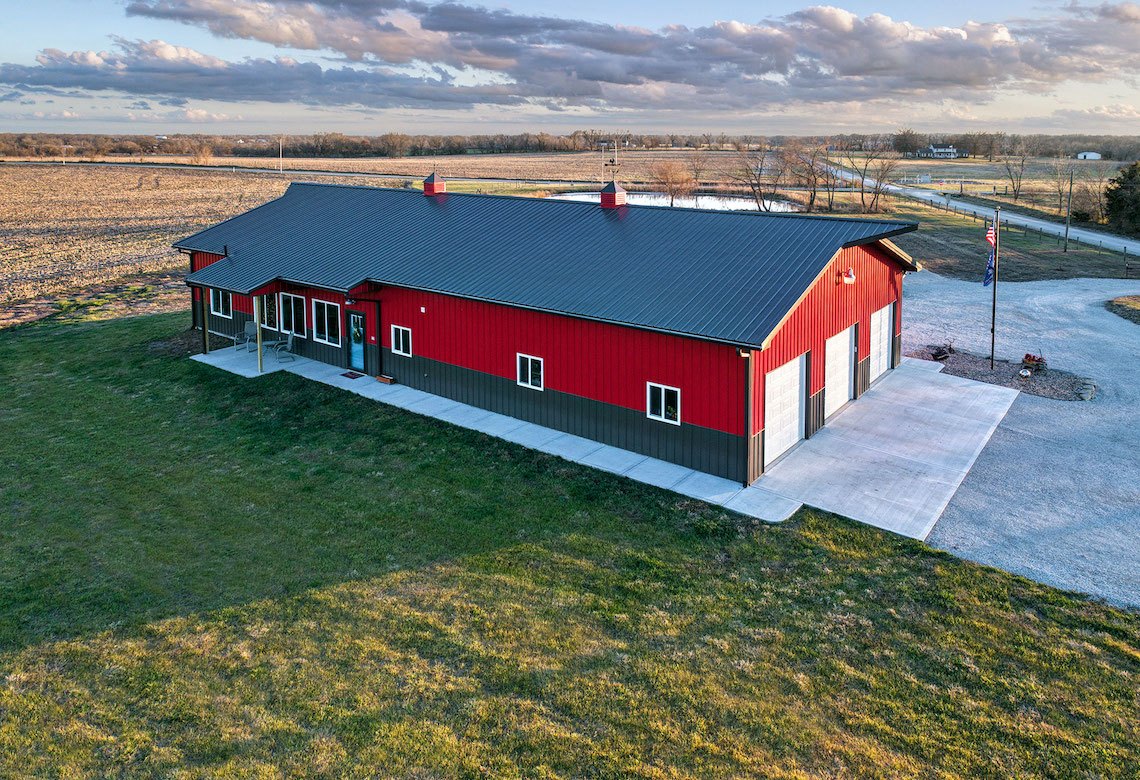 Red Barndominium Air View