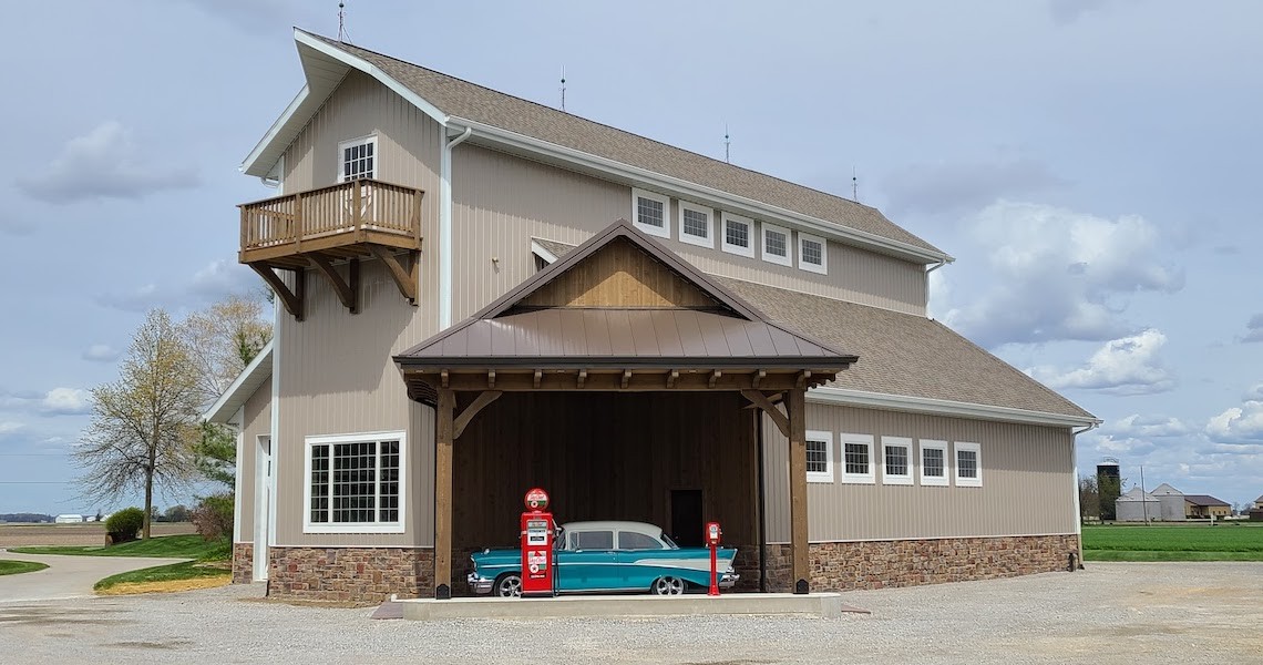 A sand color, steel barndominium built in Harlan, IN by Worldwide Steel Buildings.