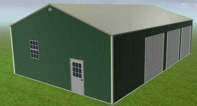 A digital rendering of a metal building with a dark green exterior