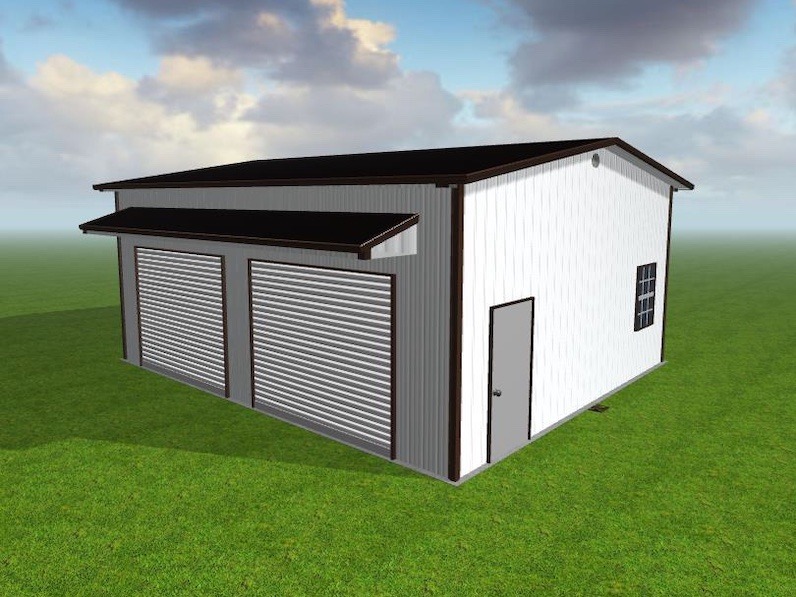 A 3D model of a white metal building with two large roll-up garage doors, a side entry door, and a small window. The building is set on green grass under a partly cloudy sky.