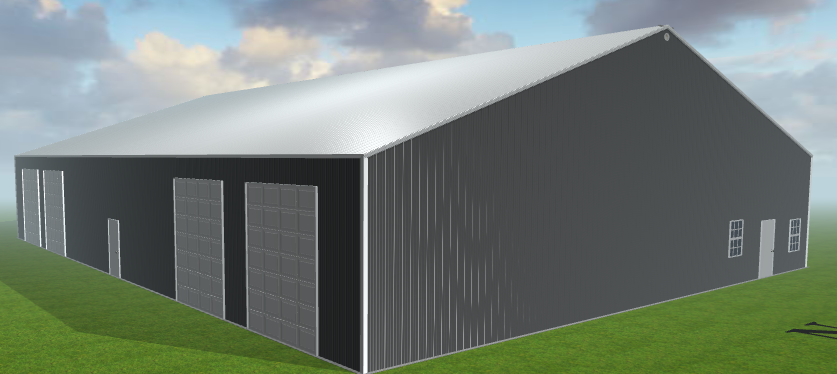 A large, dark gray metal warehouse with a sloped roof sits on a grassy area. The hybrid building, Ref#81625, features multiple large roll-up doors and a few windows. Measuring 72x96x14, it stands proudly against the partly cloudy sky in the background.