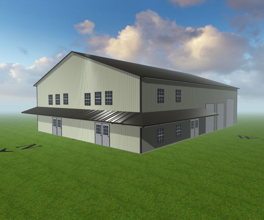 A large, light-colored warehouse with a dark roof is situated on a grassy field under a partly cloudy sky. The building features multiple windows and doors, and the sun casts soft shadows on the grass.
