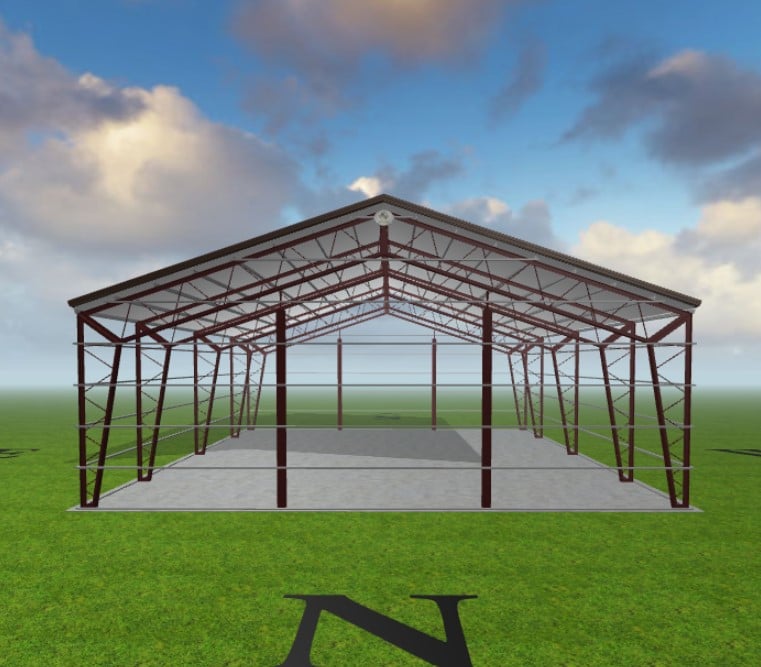 A digital rendering of a metal-framed structure on a grassy field, showing its steel framework with a clear sky and clouds in the background. The foreground features a compass rose indicating north.