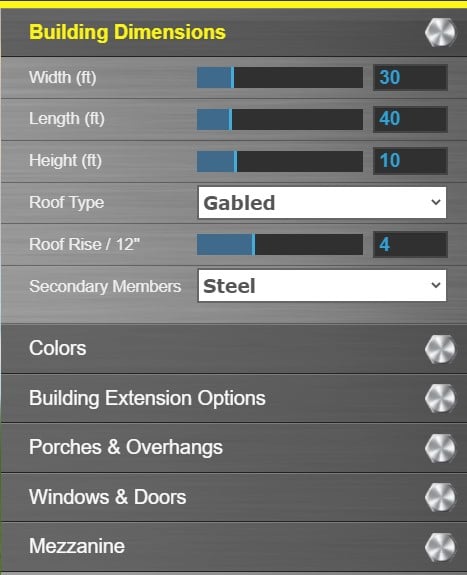 A digital interface for building dimensions shows settings: width 40 ft, length 30 ft, height 10 ft. The roof type is gabled, roof rise is 4 inches per foot, and secondary members are steel, with options for colors and extensions.