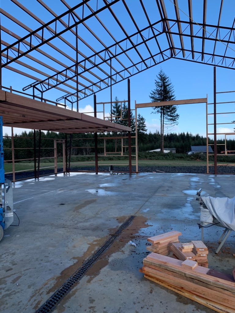 A partially constructed building with a metal frame is set against a backdrop of trees and a blue sky. Wood planks and metal beams are scattered on a concrete floor, with a single tall tree visible through the structure.