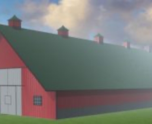 The red barn with a green roof, reminiscent of classic steel buildings, stands under a cloudy sky, surrounded by grass. Its series of small cupolas adds charm and character to the scene.