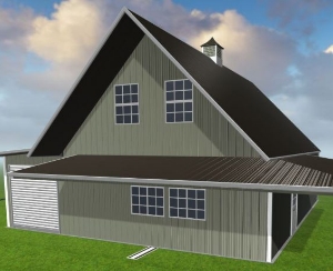 A modern barn-style steel building with a steep, dark roof and light gray siding. It features large windows, a cupola on top, and a garage door. The structure is set against a backdrop of blue sky and clouds, surrounded by a green lawn.