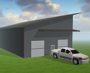 A 3D rendering of a gray warehouse exemplifies the durability of steel buildings, featuring two large doors and an awning. A white pickup truck is parked in front on a grassy field beneath a partly cloudy sky.