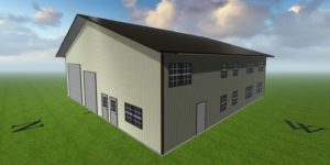 A rendering of a steel storage building designed by Worldwide Steel Buildings with a light green exterior and a brown roof.