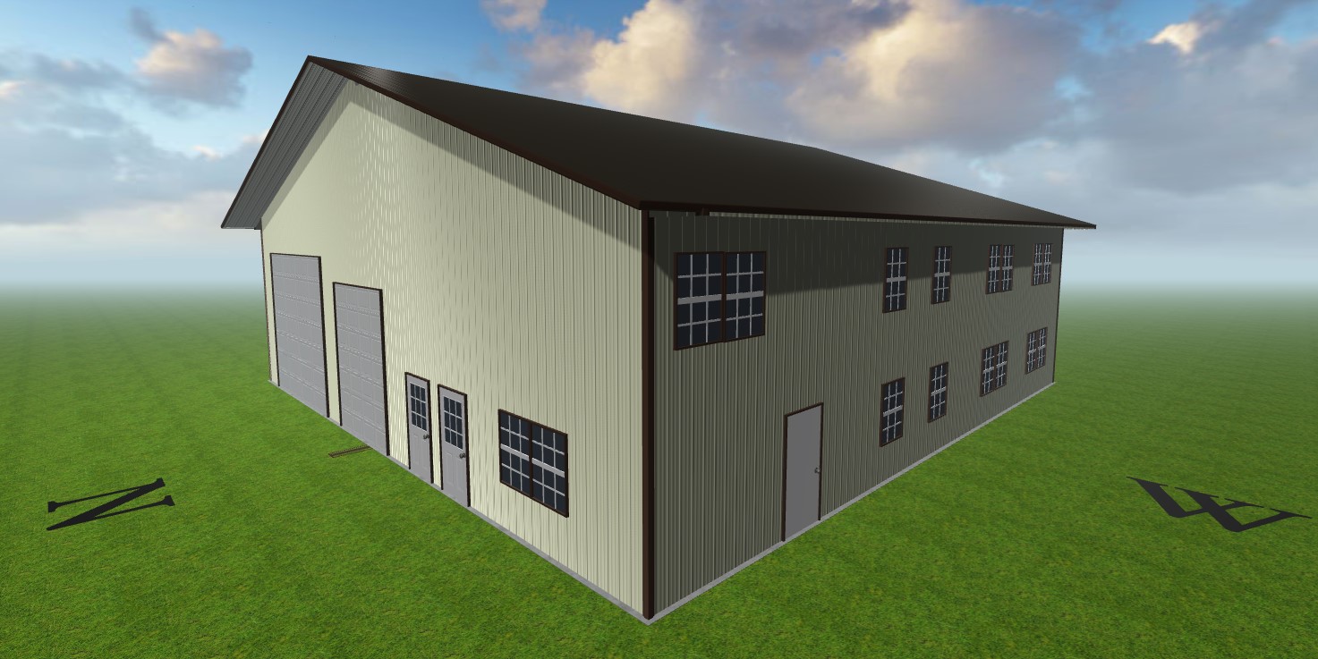 A rendering of a steel storage building designed by Worldwide Steel Buildings with a light green exterior and a brown roof.