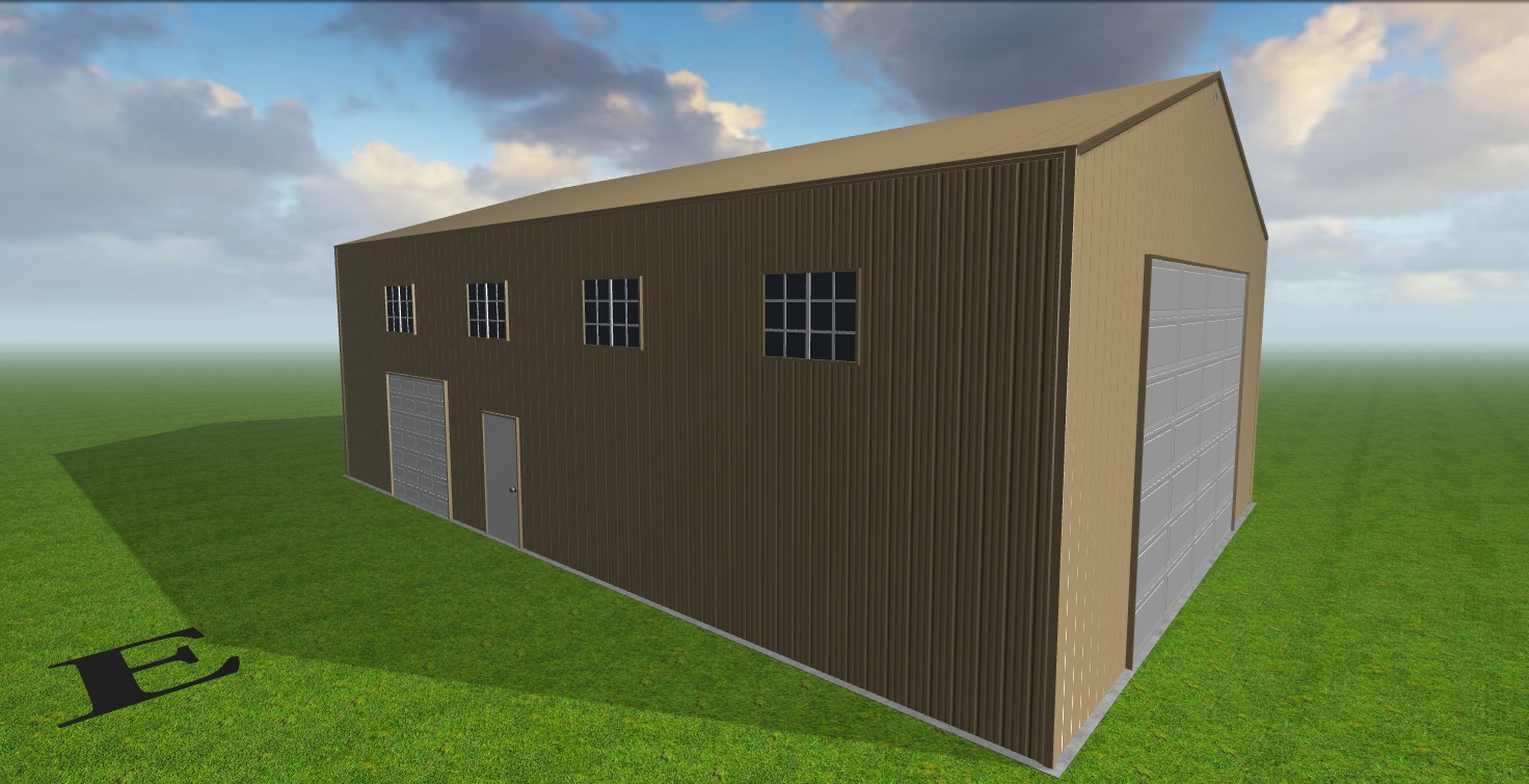 A rendering of a steel garage/shop designed by Worldwide Steel Buildings with a tan exterior and a tan roof.