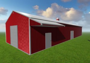 A rendering of a steel garage/shop designed by Worldwide Steel Buildings with a red exterior and a white roof.