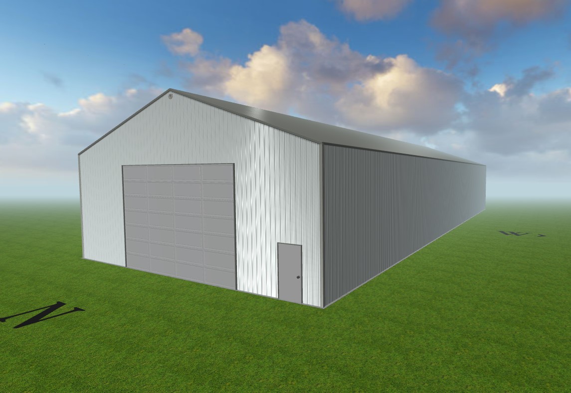 A rendering of a steel storage building designed by Worldwide Steel Buildings with a white exterior and a light grey roof.