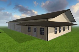 A rendering of a steel barndo designed by Worldwide Steel Buildings with a cream exterior and a slate roof.