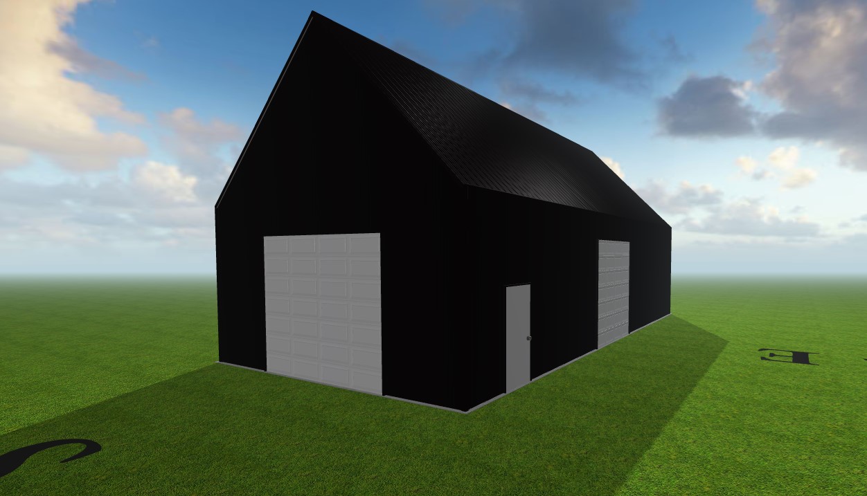 A rendering of a steel barn designed by Worldwide Steel Buildings with a black exterior and a black roof.