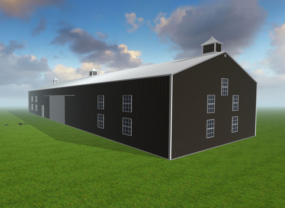 A rendering of a steel storage building designed by Worldwide Steel Buildings with a black exterior and a white roof.