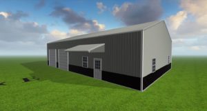 A rendering of a steel storage building designed by Worldwide Steel Buildings with a grey exterior and a grey roof.