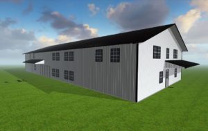 A rendering of a steel storage building designed by Worldwide Steel Buildings with a white exterior and a black roof.