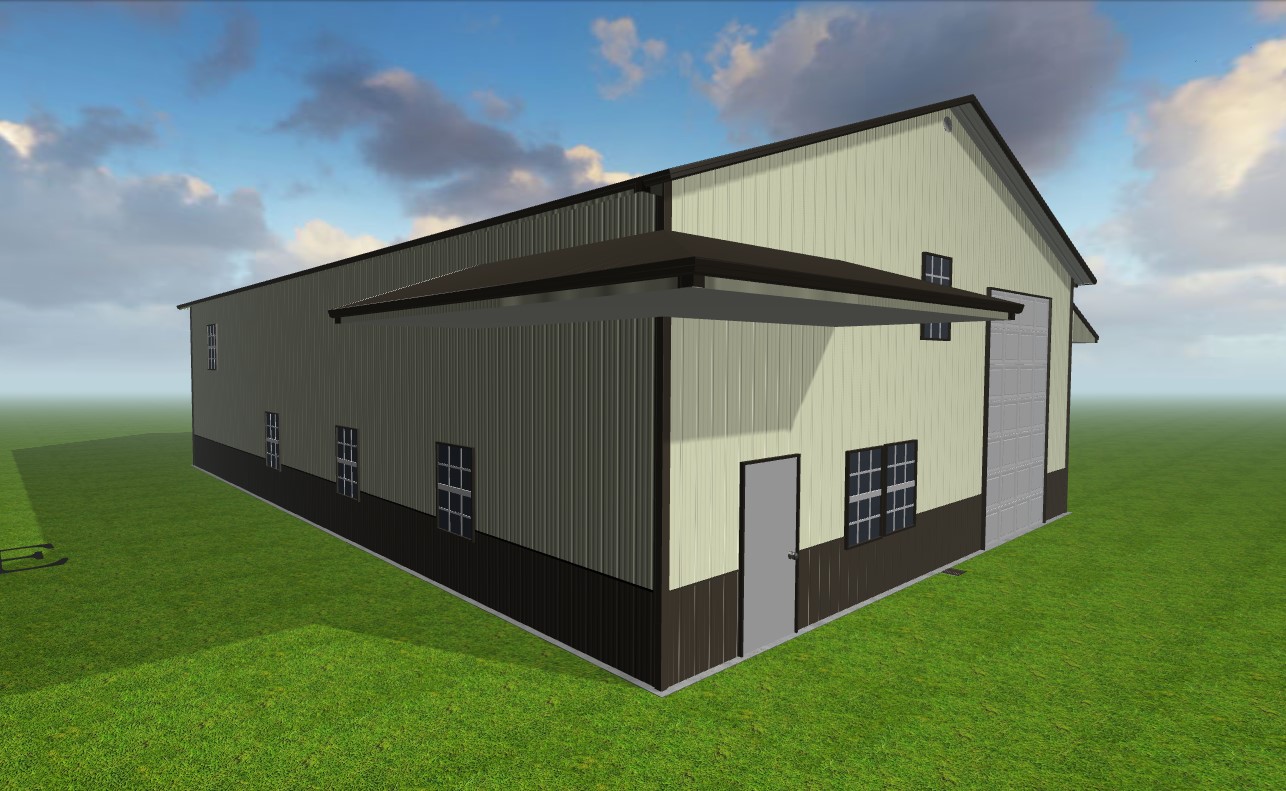 A rendering of a steel storage building designed by Worldwide Steel Buildings with a light green exterior and a slate roof.