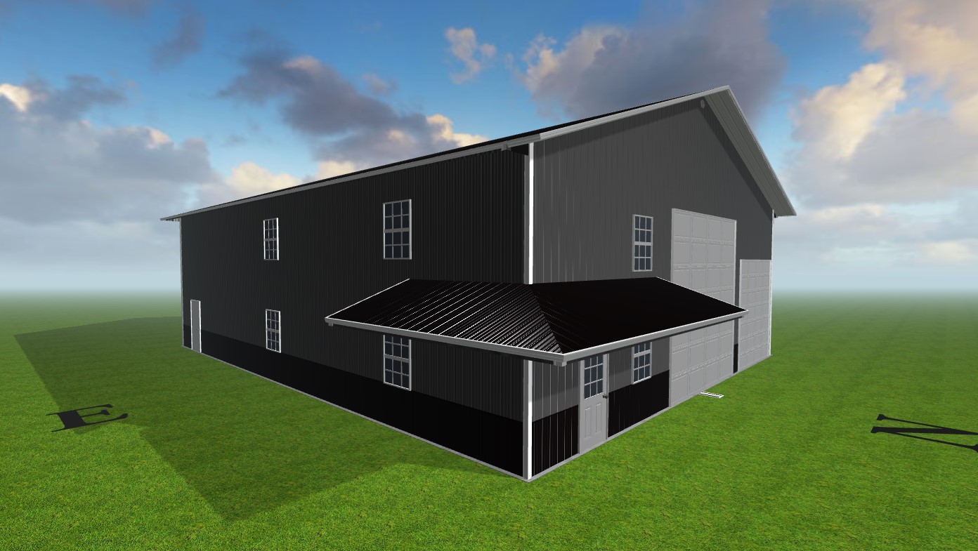A rendering of a steel storage building designed by Worldwide Steel Buildings with a grey exterior and a black roof.